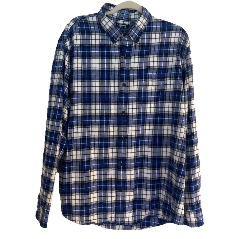 Lands End Plaid Shirt Mens XL Blue Black White Cotton Flannel Button Down  NEW